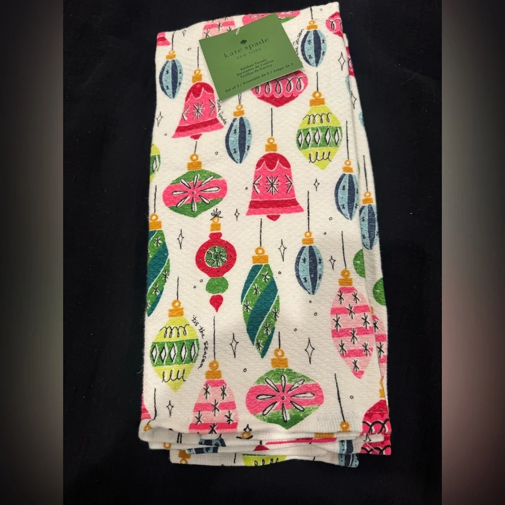 Kate ♠️ Spade Ornament and pink polka dot set of 3 towels-FUN& FESTIVE-zoom in!
